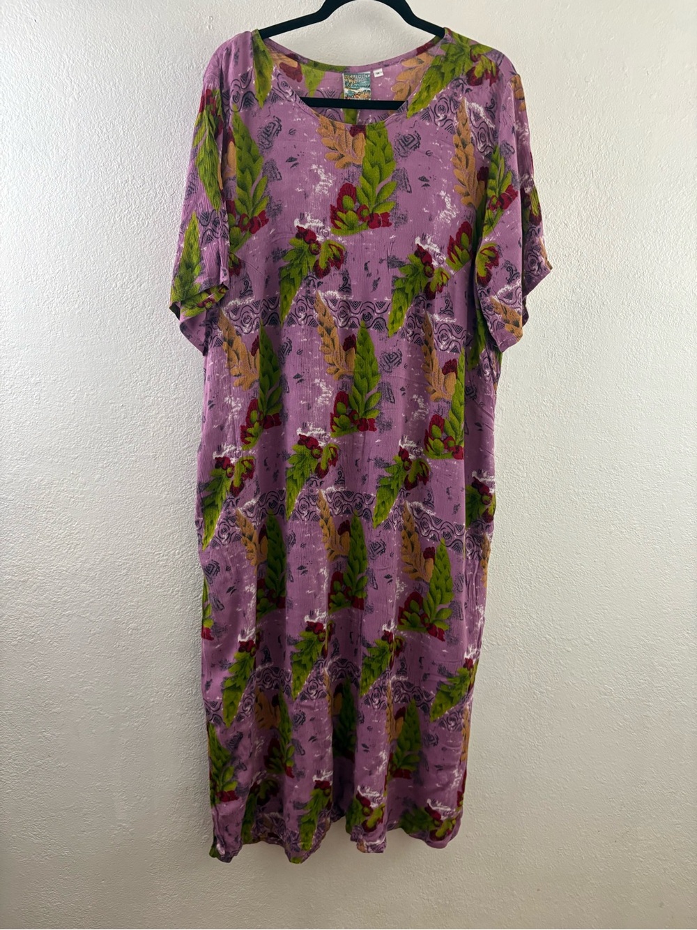 Pineapple Moon tropical leaf purple short sleeve side pockets maxi dress size 1X